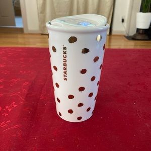 Starbucks Ceramic Travel Tumbler Coffee Tea Mug Gold White Polka Dot 2014
